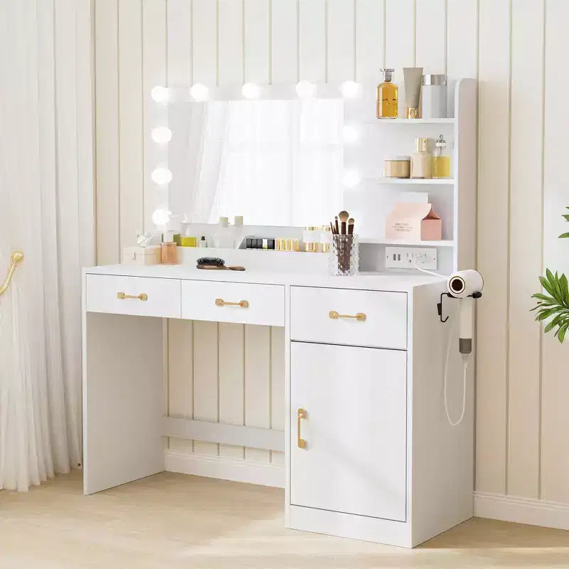 Makeup Vanity Desk with Mirror and Lights, White Vanity Table with Charging Station, 3 Drawers, 2 Cubbies, 1 Cabinet & Open Shelves, for Women Girls