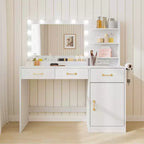 Coiffeuse avec miroir et lumières, table de maquillage blanche avec station de charge, 3 tiroirs, 2 compartiments, 1 placard et étagères ouvertes, pour femmes et filles