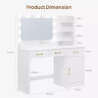 Coiffeuse avec miroir et lumières, table de maquillage blanche avec station de charge, 3 tiroirs, 2 compartiments, 1 placard et étagères ouvertes, pour femmes et filles