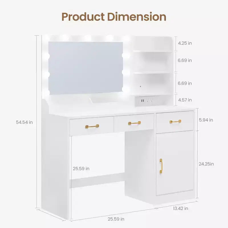 Coiffeuse avec miroir et lumières, table de maquillage blanche avec station de charge, 3 tiroirs, 2 compartiments, 1 placard et étagères ouvertes, pour femmes et filles