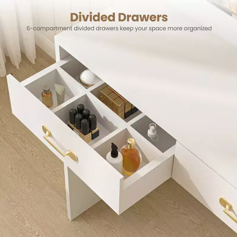 Coiffeuse avec miroir et lumières, table de maquillage blanche avec station de charge, 3 tiroirs, 2 compartiments, 1 placard et étagères ouvertes, pour femmes et filles