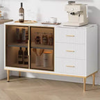Buffet de Rangement avec Lumière LED, Meuble de Cuisine avec 3 Tiroirs Cannelés et Portes en Verre, Buffet d'Appoint avec Rangement