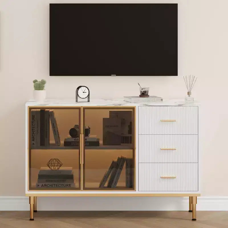 Buffet de Rangement avec Lumière LED, Meuble de Cuisine avec 3 Tiroirs Cannelés et Portes en Verre, Buffet d'Appoint avec Rangement