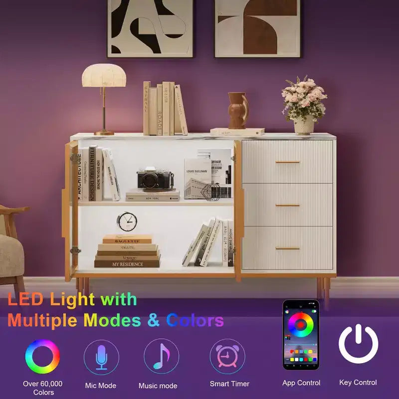 Buffet de Rangement avec Lumière LED, Meuble de Cuisine avec 3 Tiroirs Cannelés et Portes en Verre, Buffet d'Appoint avec Rangement