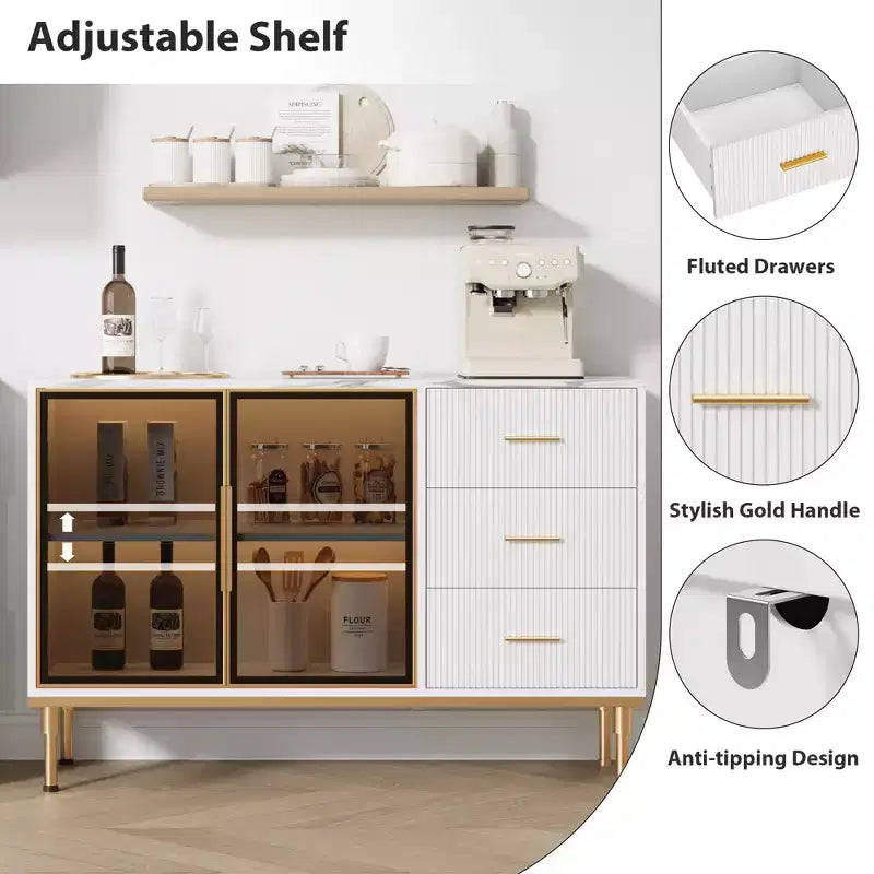 Buffet de Rangement avec Lumière LED, Meuble de Cuisine avec 3 Tiroirs Cannelés et Portes en Verre, Buffet d'Appoint avec Rangement