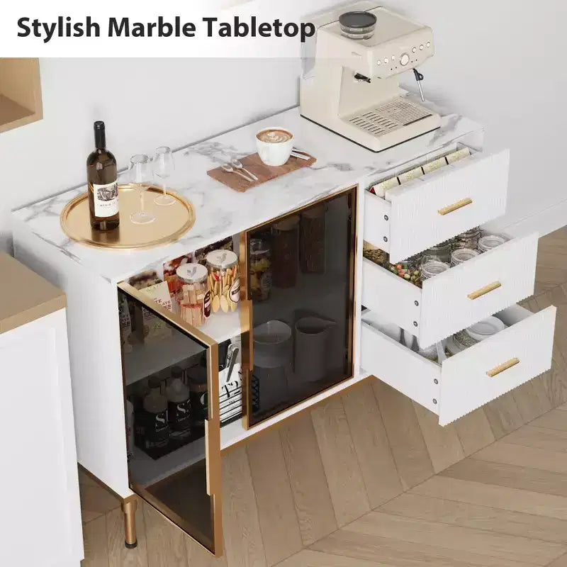 Buffet de Rangement avec Lumière LED, Meuble de Cuisine avec 3 Tiroirs Cannelés et Portes en Verre, Buffet d'Appoint avec Rangement