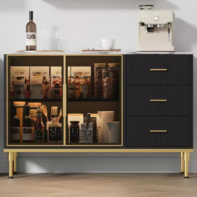 Buffet de Rangement avec Lumière LED, Meuble de Cuisine avec 3 Tiroirs Cannelés et Portes en Verre, Buffet d'Appoint avec Rangement