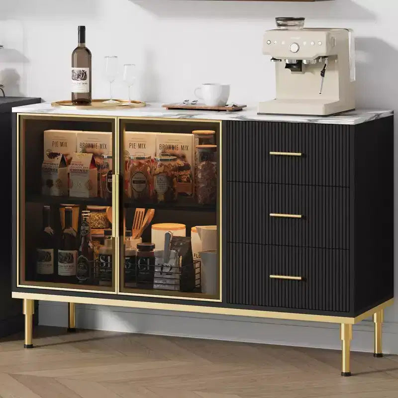 Buffet de Rangement avec Lumière LED, Meuble de Cuisine avec 3 Tiroirs Cannelés et Portes en Verre, Buffet d'Appoint avec Rangement
