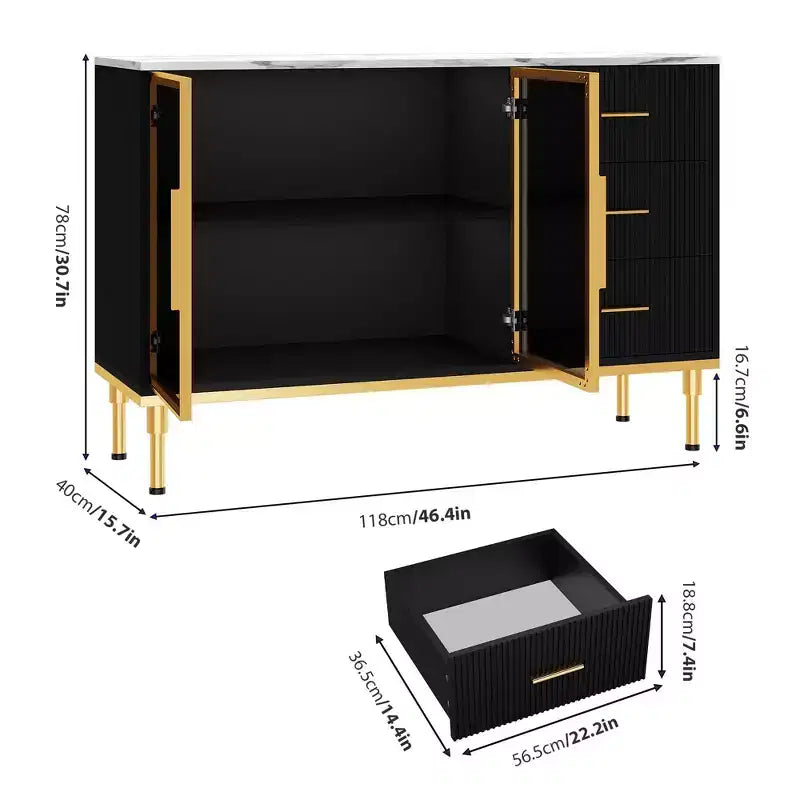 Buffet de Rangement avec Lumière LED, Meuble de Cuisine avec 3 Tiroirs Cannelés et Portes en Verre, Buffet d'Appoint avec Rangement