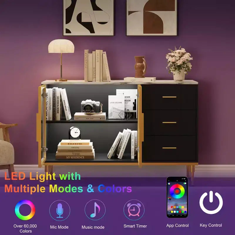Buffet de Rangement avec Lumière LED, Meuble de Cuisine avec 3 Tiroirs Cannelés et Portes en Verre, Buffet d'Appoint avec Rangement