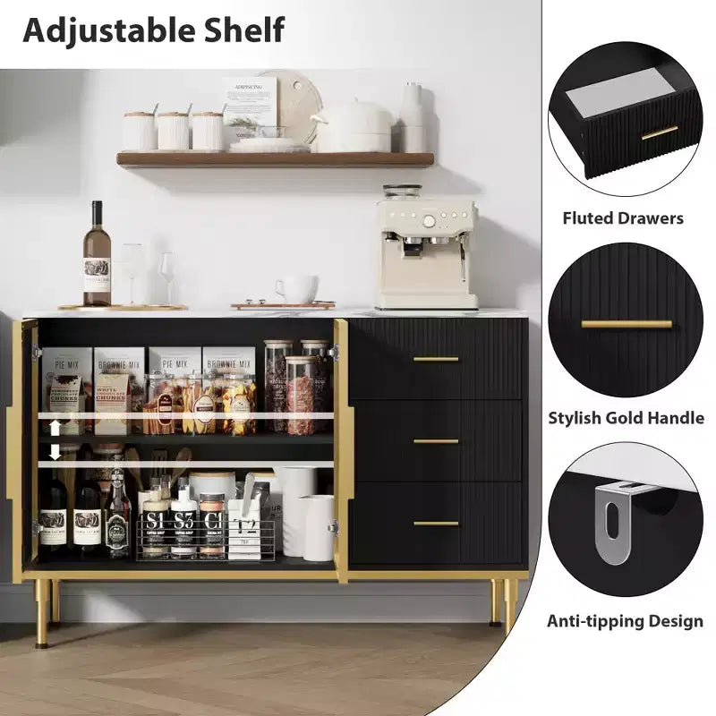 Buffet de Rangement avec Lumière LED, Meuble de Cuisine avec 3 Tiroirs Cannelés et Portes en Verre, Buffet d'Appoint avec Rangement