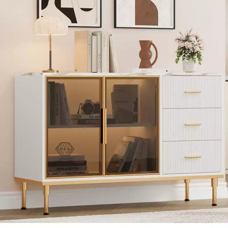 Buffet de Rangement avec Lumière LED, Meuble de Cuisine avec 3 Tiroirs Cannelés et Portes en Verre, Buffet d'Appoint avec Rangement
