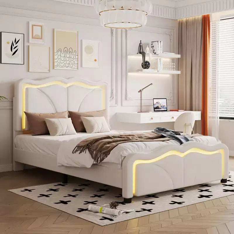 Lit double/grand rembourré avec tête de lit incurvée et réglable en hauteur, cadre de lit en PU avec bande lumineuse LED