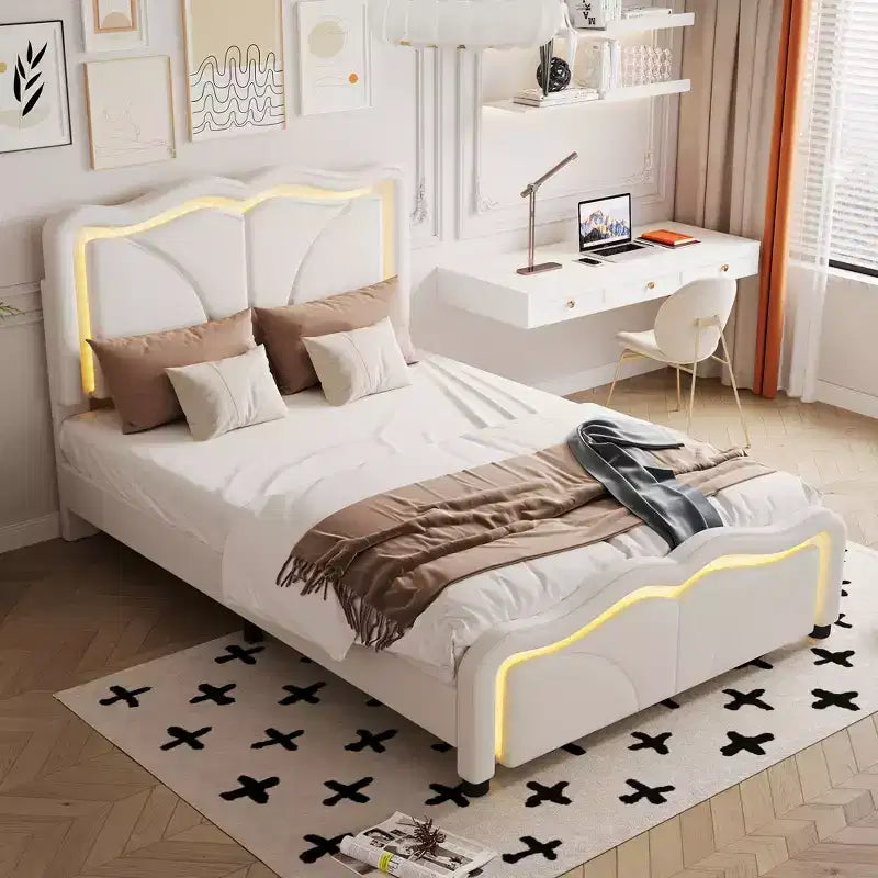 Lit double/grand rembourré avec tête de lit incurvée et réglable en hauteur, cadre de lit en PU avec bande lumineuse LED