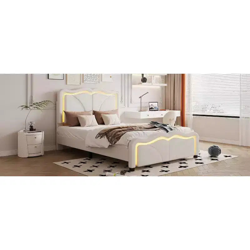 Lit double/grand rembourré avec tête de lit incurvée et réglable en hauteur, cadre de lit en PU avec bande lumineuse LED
