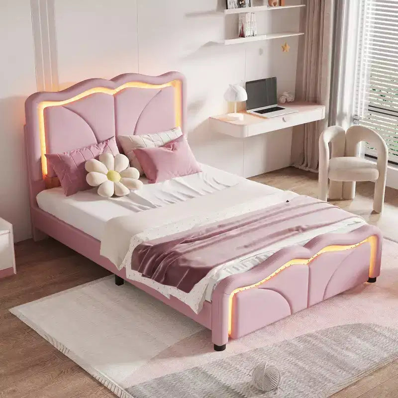 Lit double/grand rembourré avec tête de lit incurvée et réglable en hauteur, cadre de lit en PU avec bande lumineuse LED