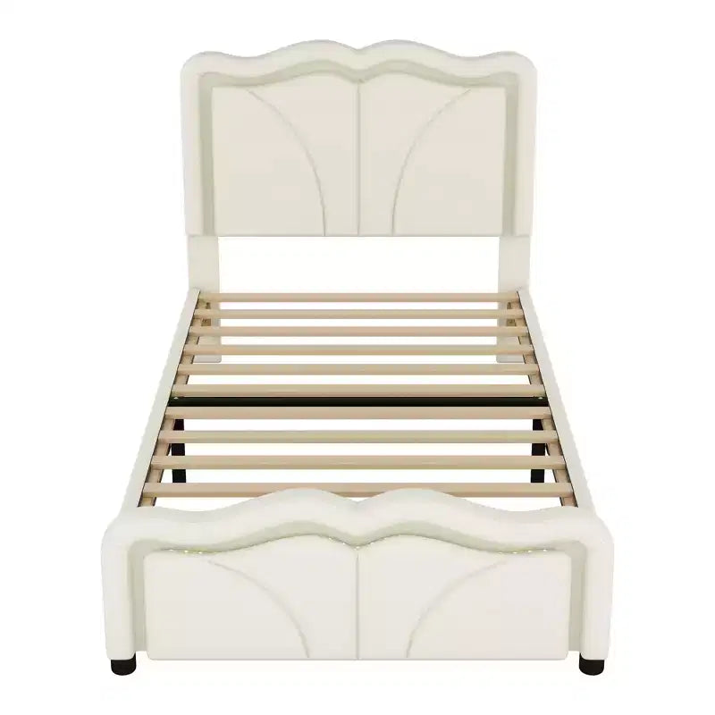 Lit double/grand rembourré avec tête de lit incurvée et réglable en hauteur, cadre de lit en PU avec bande lumineuse LED