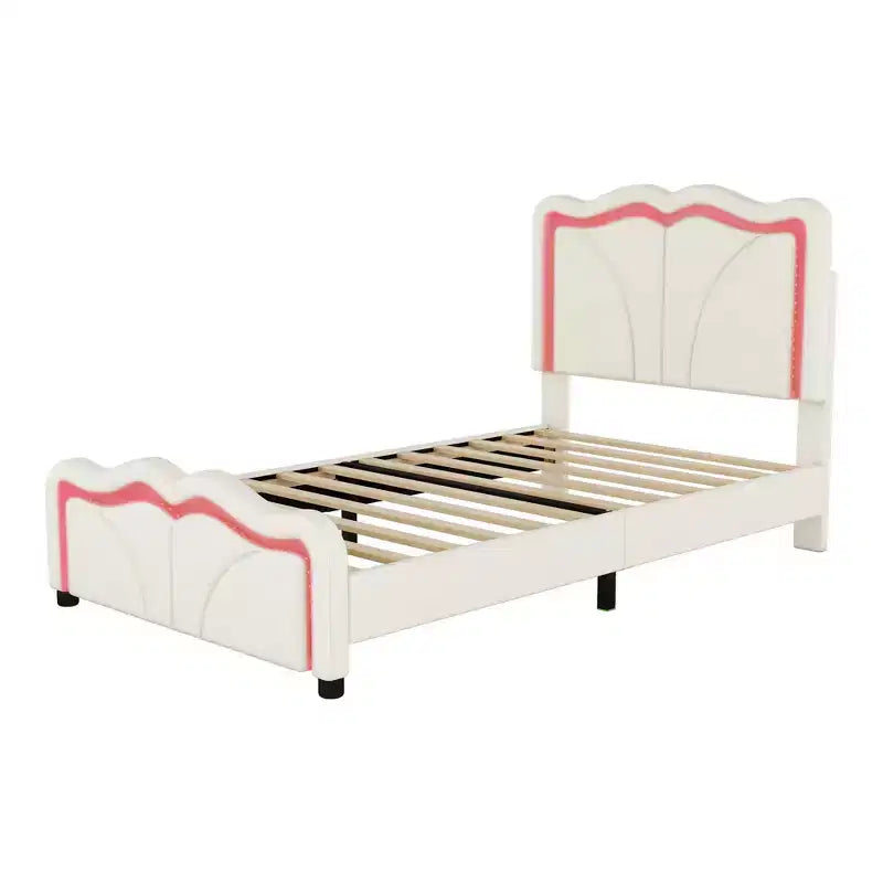 Lit double/grand rembourré avec tête de lit incurvée et réglable en hauteur, cadre de lit en PU avec bande lumineuse LED