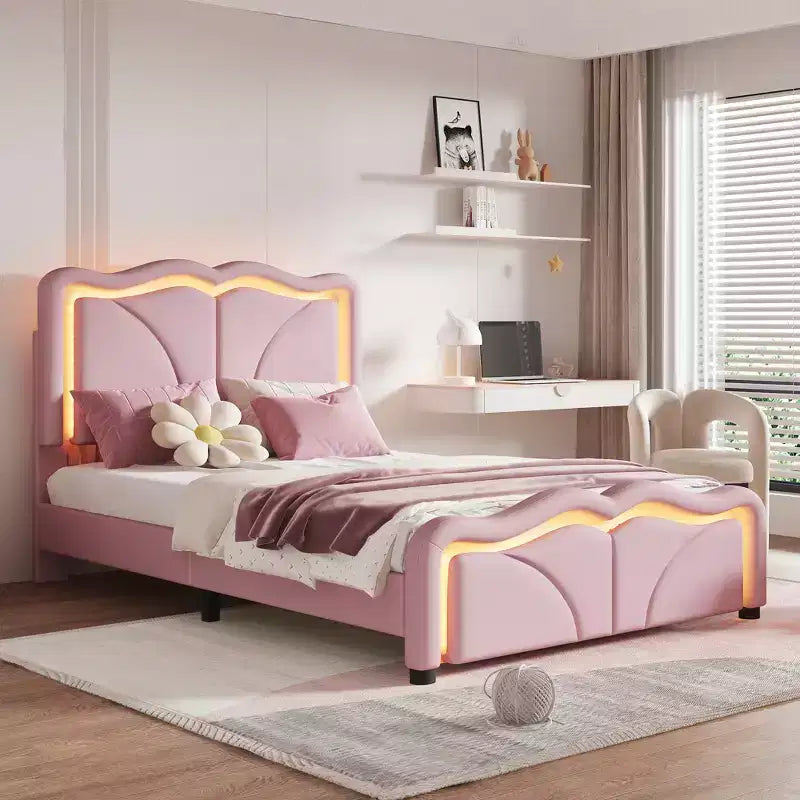 Lit double/grand rembourré avec tête de lit incurvée et réglable en hauteur, cadre de lit en PU avec bande lumineuse LED
