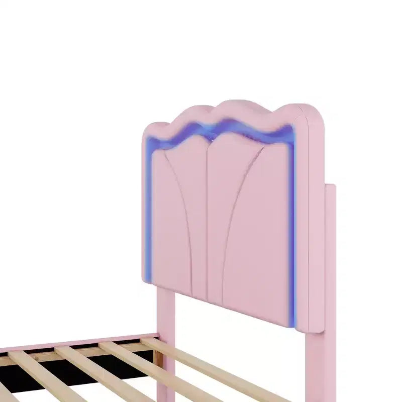 Lit double/grand rembourré avec tête de lit incurvée et réglable en hauteur, cadre de lit en PU avec bande lumineuse LED