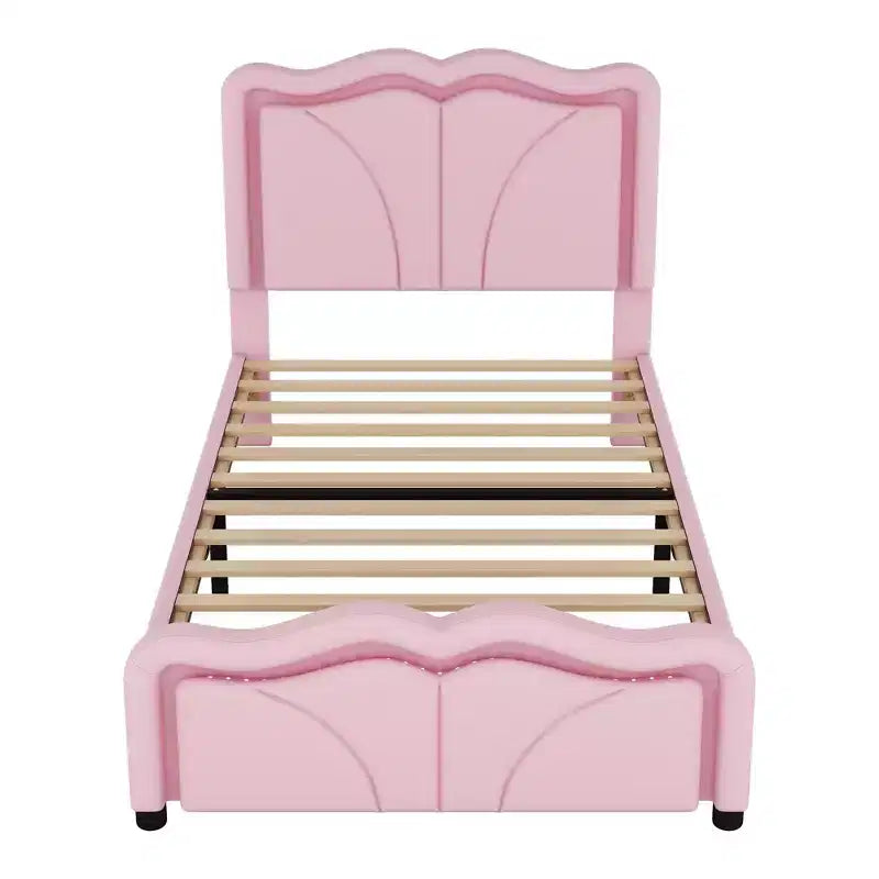Lit double/grand rembourré avec tête de lit incurvée et réglable en hauteur, cadre de lit en PU avec bande lumineuse LED