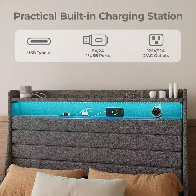 Cadre de lit double, tête de lit avec rangement, station de recharge et lumières LED, tête de lit rembourrée, aucun sommier tapissier requis, montage facile, beige