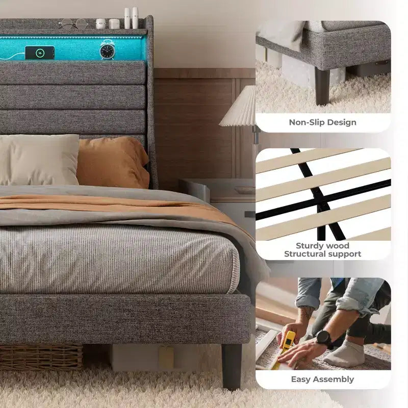 Cadre de lit double, tête de lit avec rangement, station de recharge et lumières LED, tête de lit rembourrée, aucun sommier tapissier requis, montage facile, beige