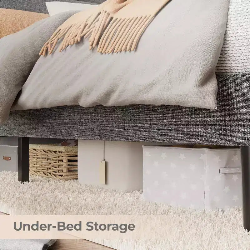 Cadre de lit double, tête de lit avec rangement, station de recharge et lumières LED, tête de lit rembourrée, aucun sommier tapissier requis, montage facile, beige