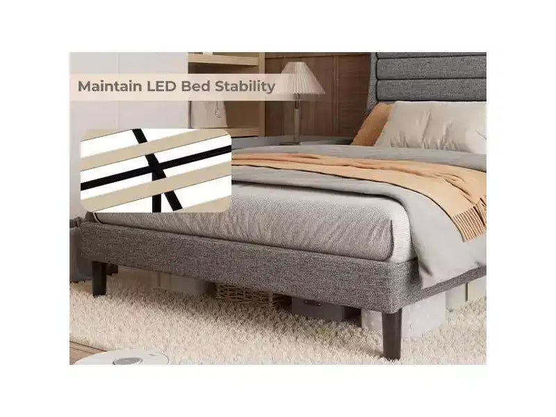 Cadre de lit double, tête de lit avec rangement, station de recharge et lumières LED, tête de lit rembourrée, aucun sommier tapissier requis, montage facile, beige