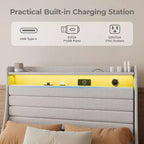 Cadre de lit double, tête de lit avec rangement, station de recharge et lumières LED, tête de lit rembourrée, aucun sommier tapissier requis, montage facile, beige