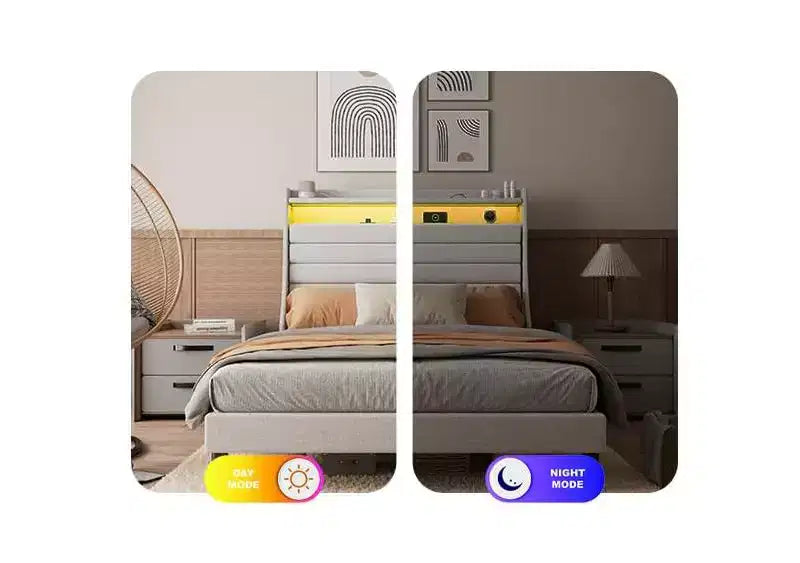 Cadre de lit double, tête de lit avec rangement, station de recharge et lumières LED, tête de lit rembourrée, aucun sommier tapissier requis, montage facile, beige