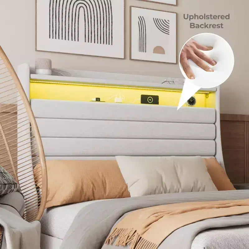 Cadre de lit double, tête de lit avec rangement, station de recharge et lumières LED, tête de lit rembourrée, aucun sommier tapissier requis, montage facile, beige