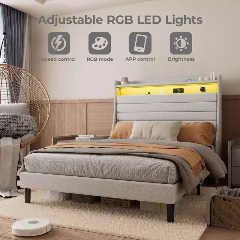 Cadre de lit double, tête de lit avec rangement, station de recharge et lumières LED, tête de lit rembourrée, aucun sommier tapissier requis, montage facile, beige