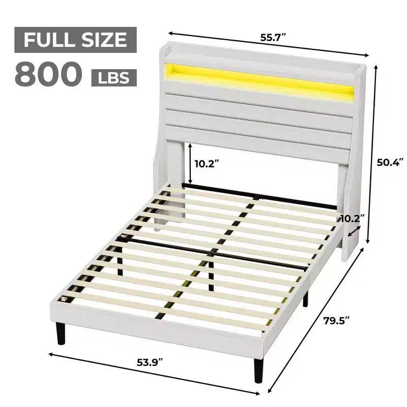 Cadre de lit double, tête de lit avec rangement, station de recharge et lumières LED, tête de lit rembourrée, aucun sommier tapissier requis, montage facile, beige