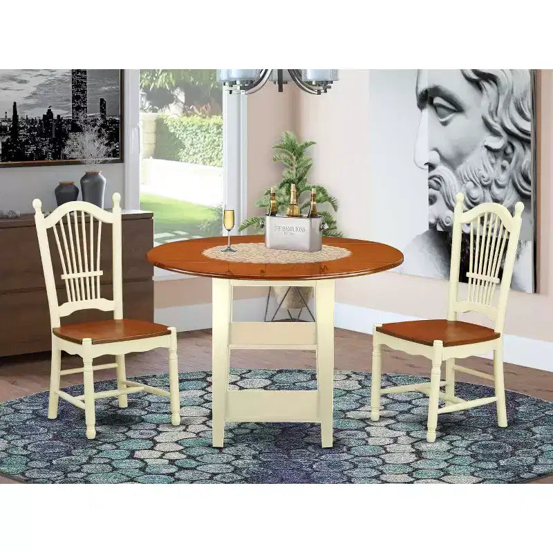 Ensemble de salle à manger 3 pièces HomeStock avec table ronde à plateau en bois massif finition cerisier et couleur crème