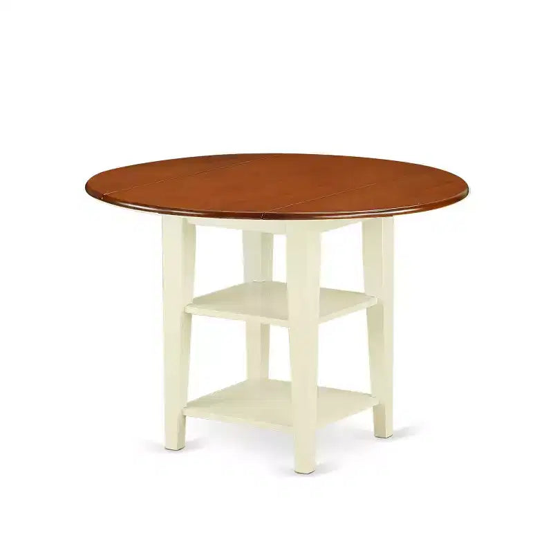Ensemble de salle à manger 3 pièces HomeStock avec table ronde à plateau en bois massif finition cerisier et couleur crème