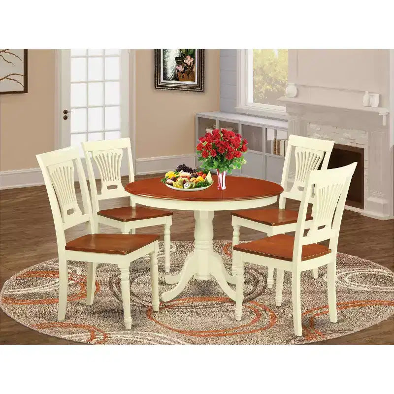 Ensemble table à manger 5 pièces HomeStock en bois massif finition cerisier et crème avec 4 chaises