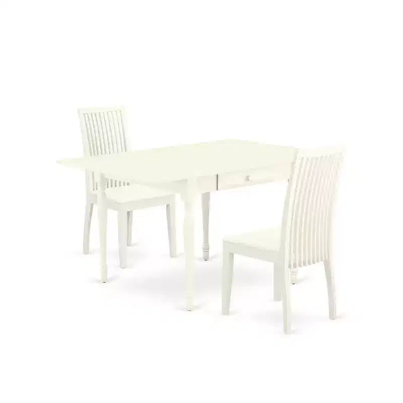 HomeStock 3-Pc Linen White Finish Rectangular Solid Wood Top With Dropleaf Dining Table Set