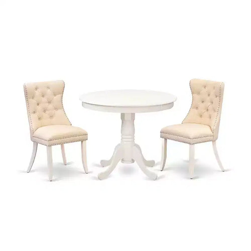 3-Piece Linen White Finish Solid Wood Top - Round Dining Room Set - (Seats-4)