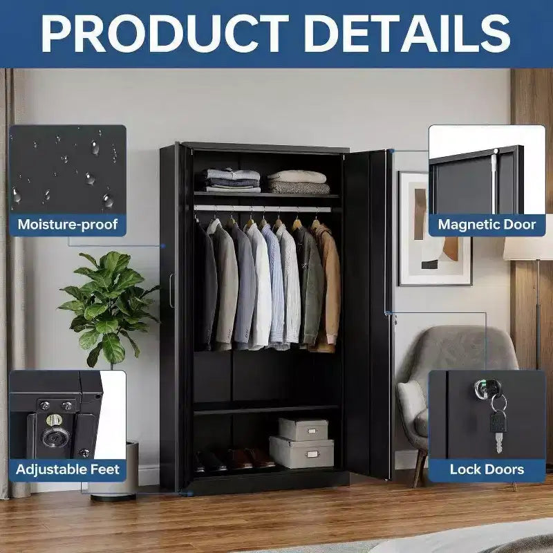Armoire de rangement métallique COZONY, acier laminé à froid de 0,6 mm, 2 étagères et tringle à vêtements pour placard de chambre à coucher