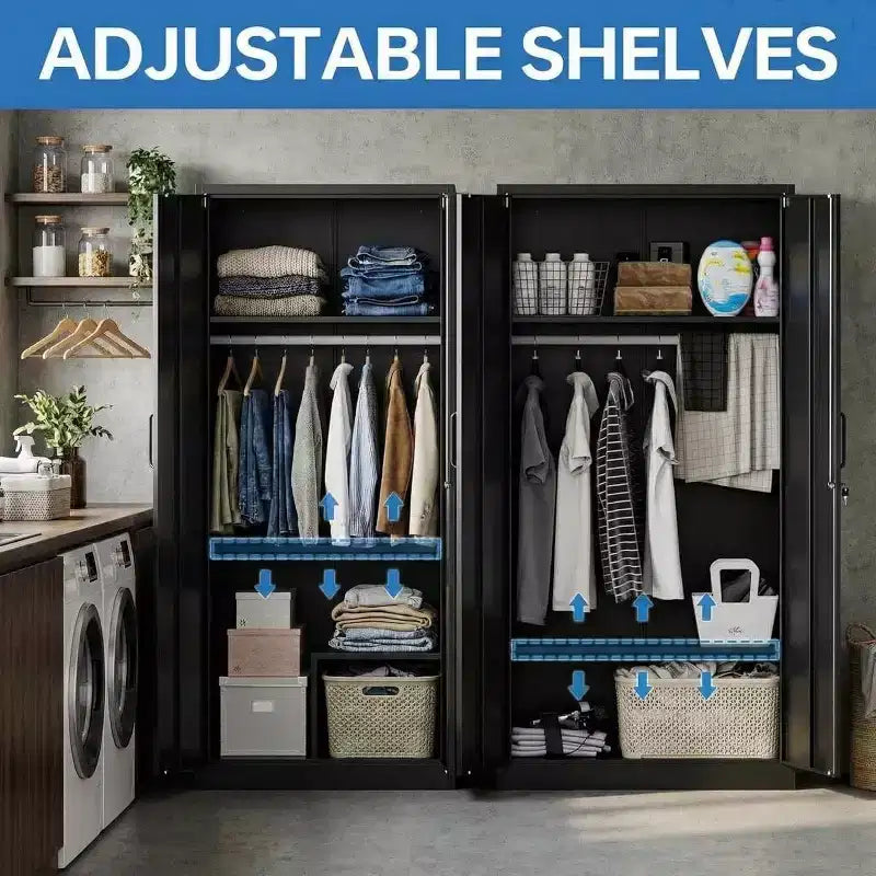 Armoire de rangement métallique COZONY, acier laminé à froid de 0,6 mm, 2 étagères et tringle à vêtements pour placard de chambre à coucher