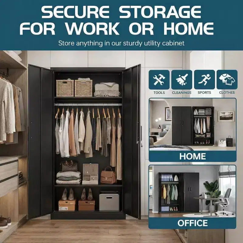 Armoire de rangement métallique COZONY, acier laminé à froid de 0,6 mm, 2 étagères et tringle à vêtements pour placard de chambre à coucher