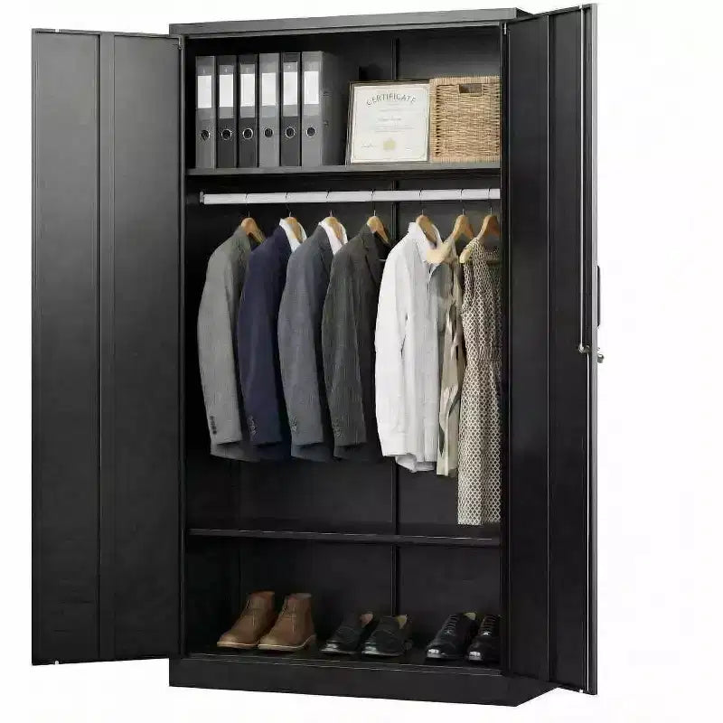 Armoire de rangement métallique COZONY, acier laminé à froid de 0,6 mm, 2 étagères et tringle à vêtements pour placard de chambre à coucher