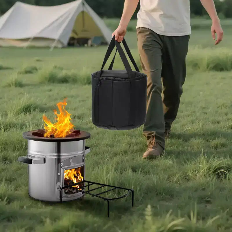 Réchaud de camping VEVOR, réchaud fusée portable à bois avec sac de transport pour la randonnée, acier inoxydable, porte simple, combustion au bois, argent