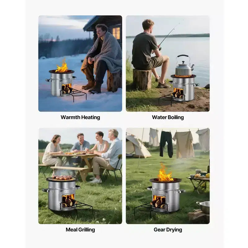 Réchaud de camping VEVOR, réchaud fusée portable à bois avec sac de transport pour la randonnée, acier inoxydable, porte simple, combustion au bois, argent