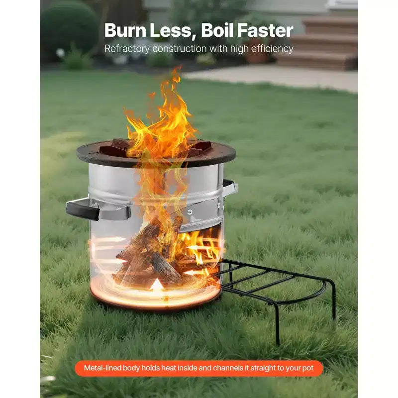 Réchaud de camping VEVOR, réchaud fusée portable à bois avec sac de transport pour la randonnée, acier inoxydable, porte simple, combustion au bois, argent