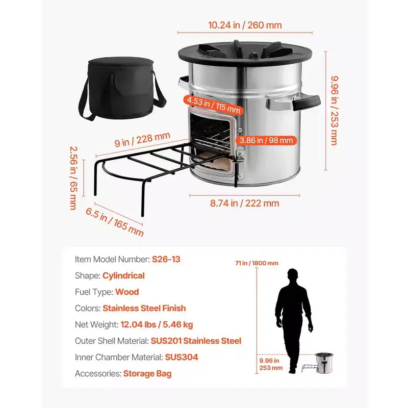 Réchaud de camping VEVOR, réchaud fusée portable à bois avec sac de transport pour la randonnée, acier inoxydable, porte simple, combustion au bois, argent