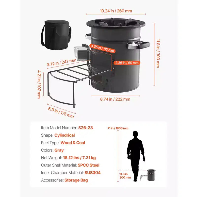 Réchaud de camping VEVOR, poêle rocket portable à bois avec sac de transport pour la randonnée, acier SPCC, double porte, brûle les brindilles, gris