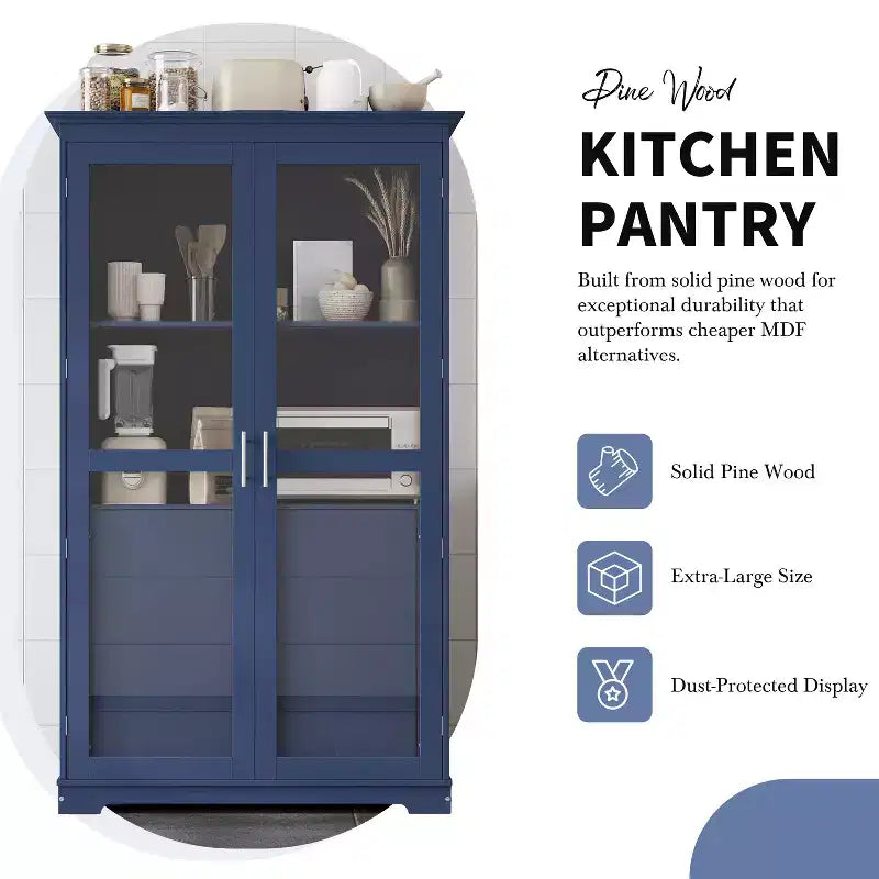 TOPMAX Garde-manger de cuisine 44,7x20x75 pouces, armoire de rangement de cuisine autoportante avec portes vitrées et 4 tiroirs intégrés pour salon