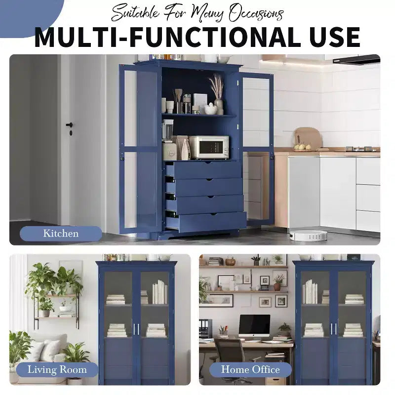 TOPMAX Garde-manger de cuisine 44,7x20x75 pouces, armoire de rangement de cuisine autoportante avec portes vitrées et 4 tiroirs intégrés pour salon